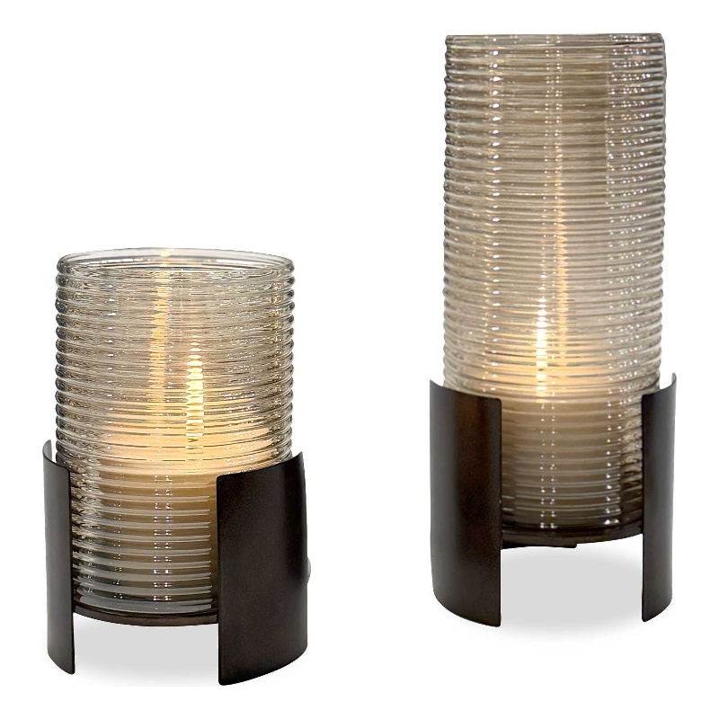 Pemberly Row Cylinder Cast Iron Candleholders with Glass in Bronze (Set of 2)