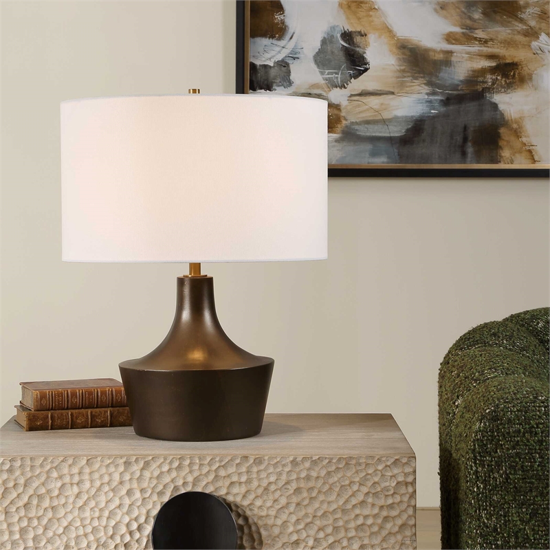 Pemberly Row Gracefully Curved Bronze Table Lamp with White Linen Shade