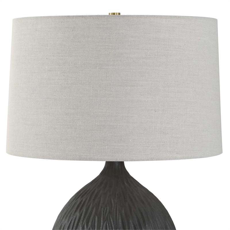 Pemberly Row Chiseled Ceramic Satin Table Lamp with Gray Linen Shade in Black