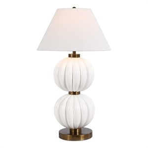 Pemberly Row Ribbed Ceramic Sphere Table Lamp with Linen Shade in White