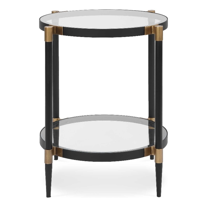 Pemberly Row Round Tempered Glass Side Table with Gold Accents in Black