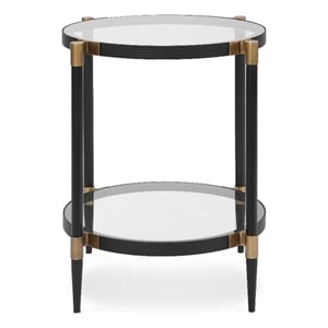 Pemberly Row Round Tempered Glass Side Table with Gold Accents in Black