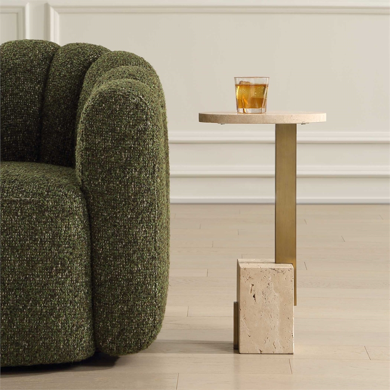 Pemberly Row Oval Travertine Accent Table with Sleek Brass Support