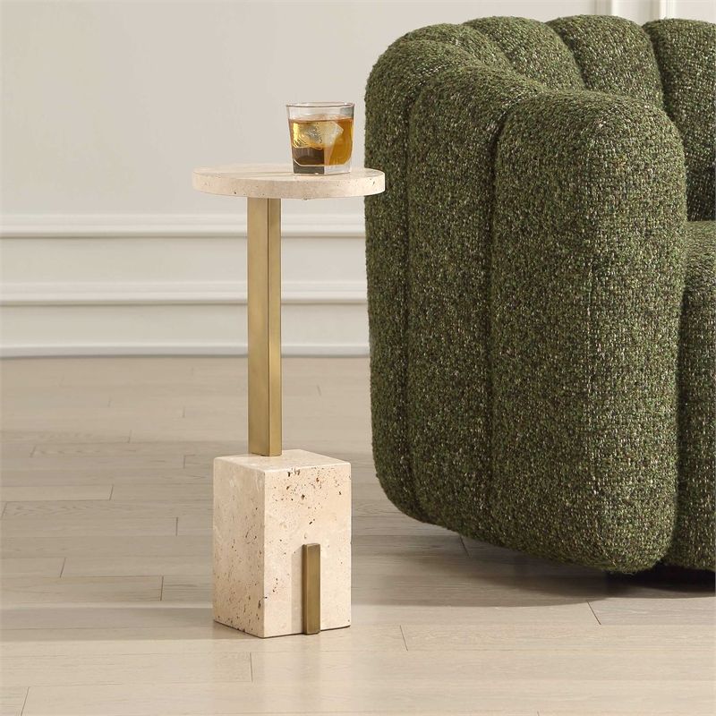 Pemberly Row Oval Travertine Accent Table with Sleek Brass Support