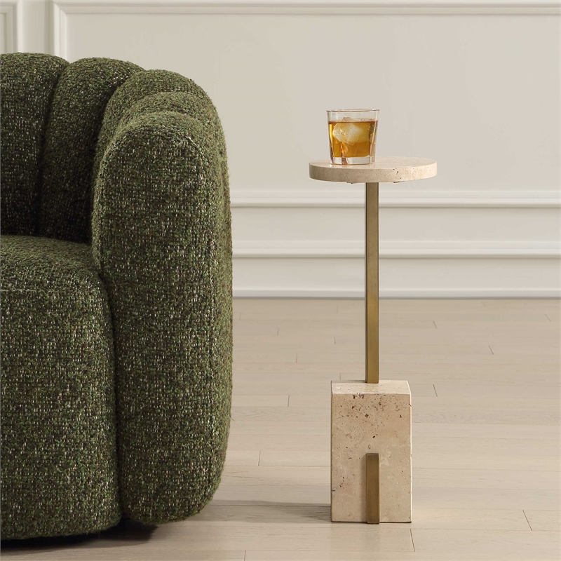 Pemberly Row Oval Travertine Accent Table with Sleek Brass Support