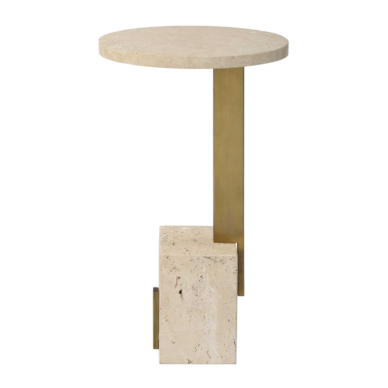 Pemberly Row Oval Travertine Accent Table with Sleek Brass Support