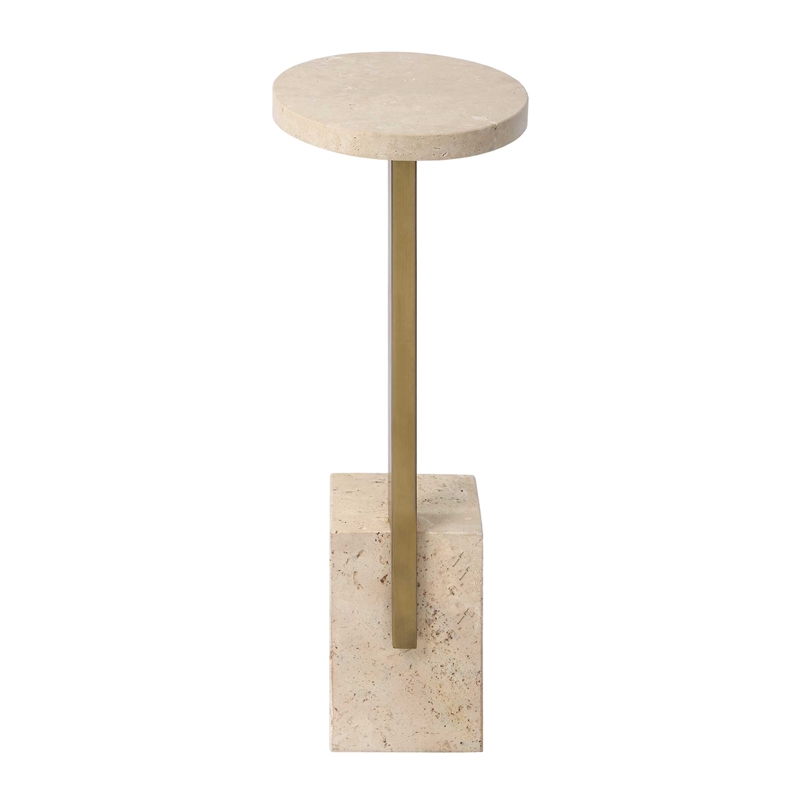 Pemberly Row Oval Travertine Accent Table with Sleek Brass Support