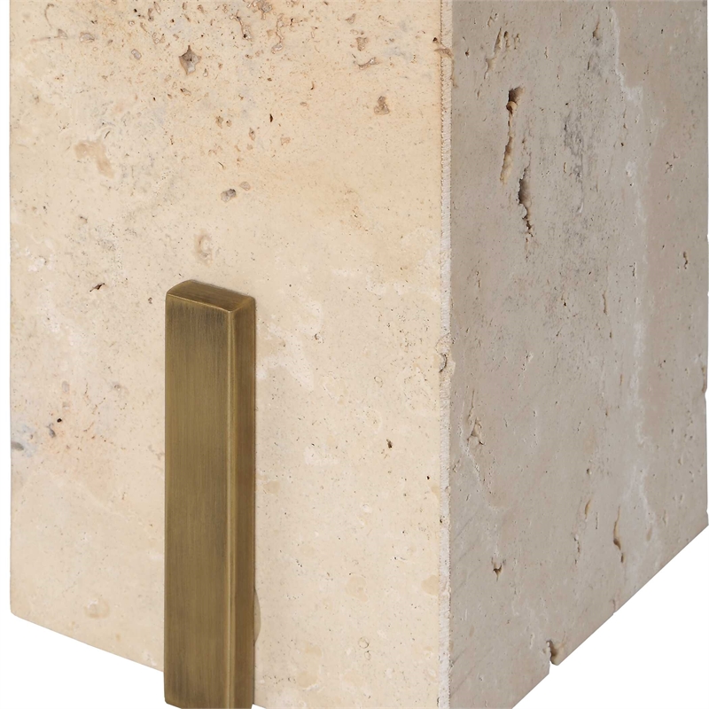Pemberly Row Oval Travertine Accent Table with Sleek Brass Support
