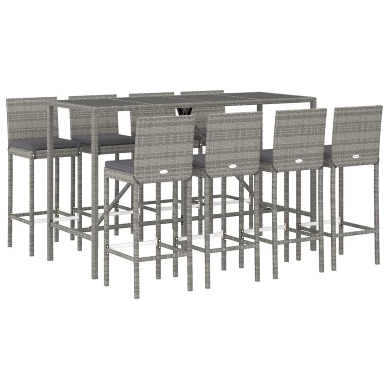 Pemberly Row 9 Piece Steel Outdoor Patio Bar Set with Cushions in Gray