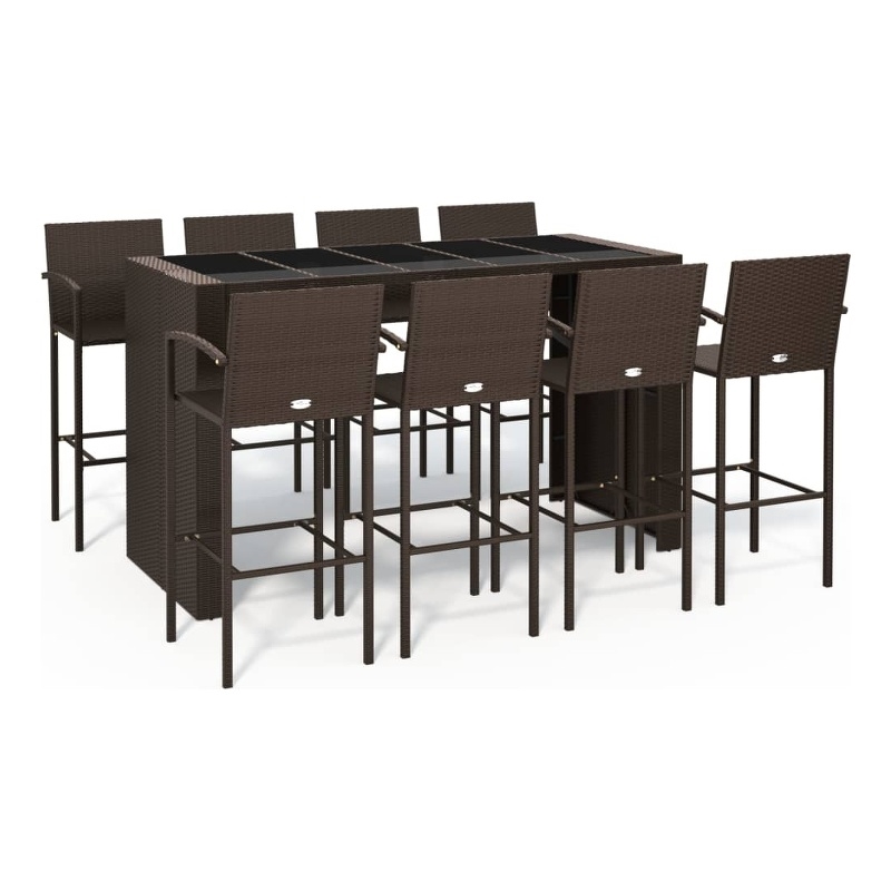Pemberly Row 9 Piece Steel Outdoor Patio Bar Set with Cushions in Brown