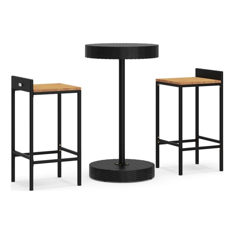 Pemberly Row Solid Acacia Wood Outdoor Patio Bar Set with Cushions in Black