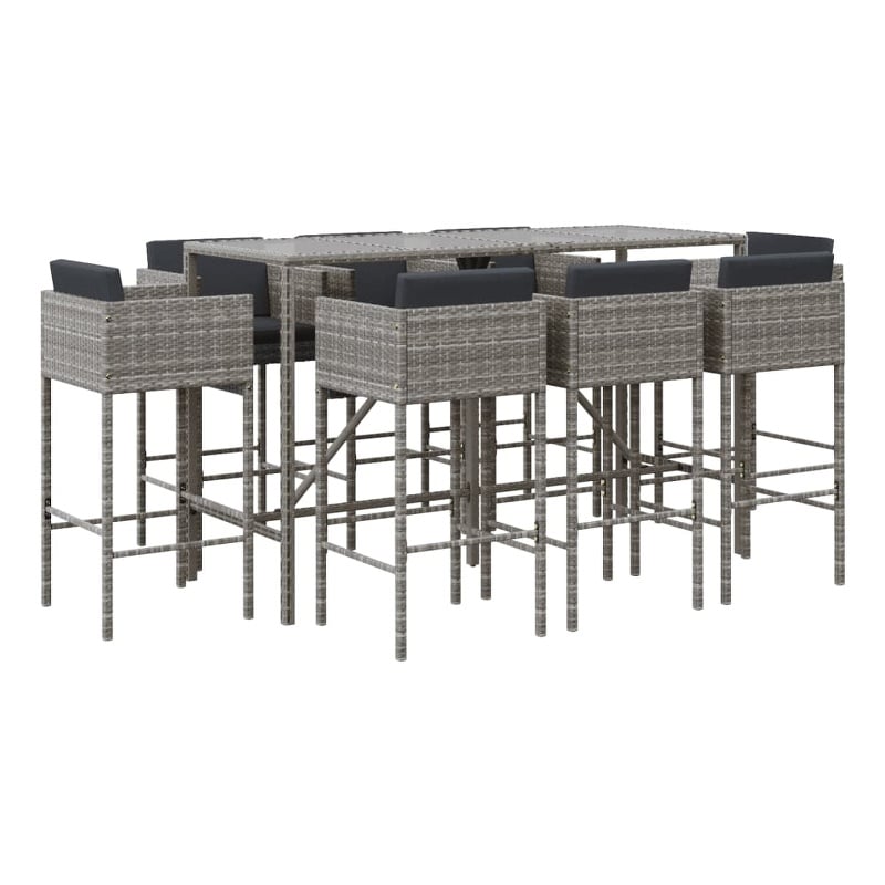 Pemberly Row 9 Piece Outdoor Patio Bar Set with Cushions in Black/Gray