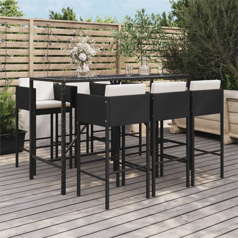 Pemberly Row Steel Large Outdoor Patio Bar Set with Cushions in Black