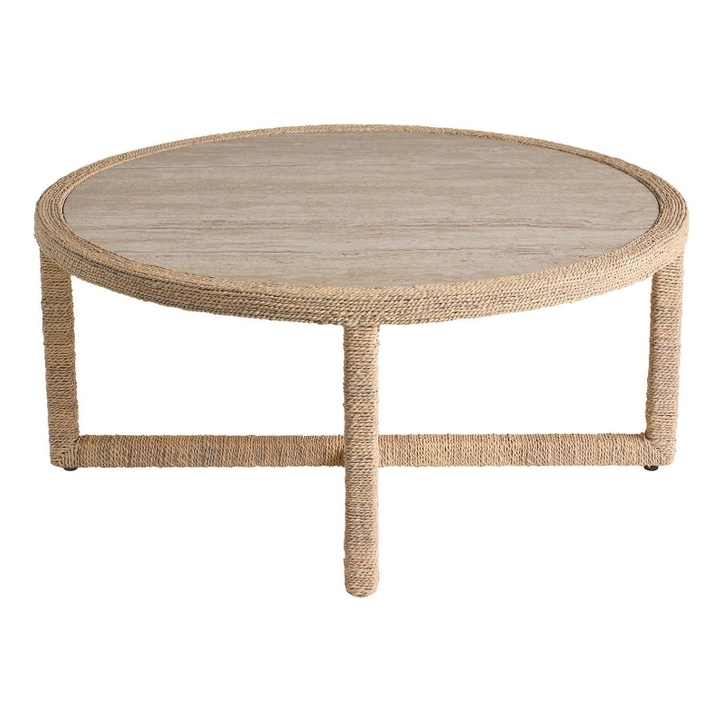 Pemberly Row Abaca Wrapped Cocktail Table with Travertine Top in Natural Tan