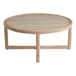 Pemberly Row Abaca Wrapped Cocktail Table with Travertine Top in Natural Tan