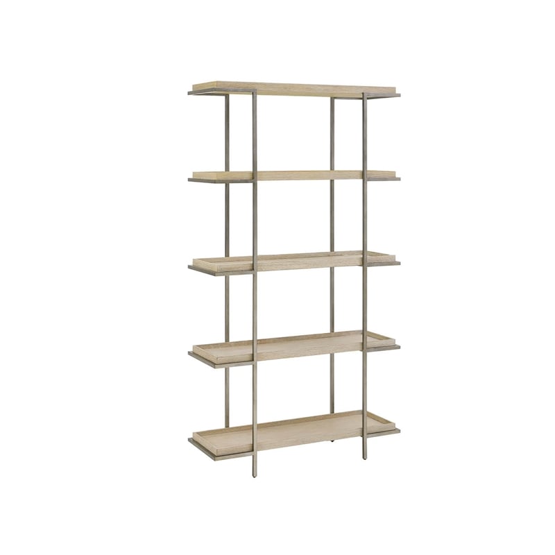 Pemberly Row Mixed Material Oak and Pewter Metal Etagere in Dockside Tan