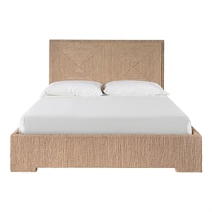 Pemberly Row Abaca Fiber Woven Queen Bed with Geometric Headboard in Oak