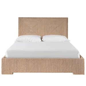 Pemberly Row Abaca Fiber Woven King Bed with Geometric Headboard in Oak