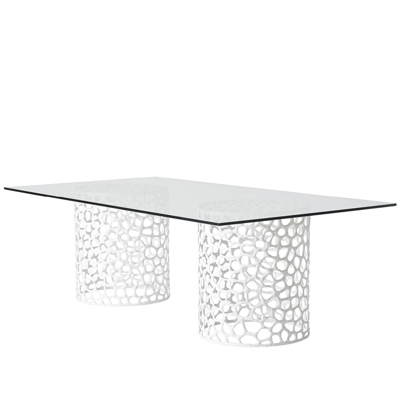 Pemberly Row Coral Glass Top Rectangle Dining Table in Coastal White