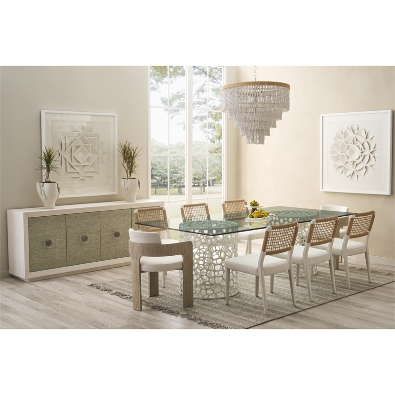 Pemberly Row Coral Glass Top Rectangle Dining Table in Coastal White