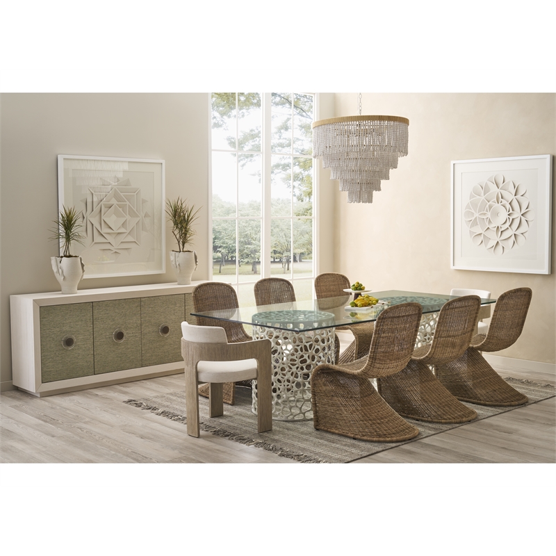 Pemberly Row Coral Glass Top Rectangle Dining Table in Coastal White