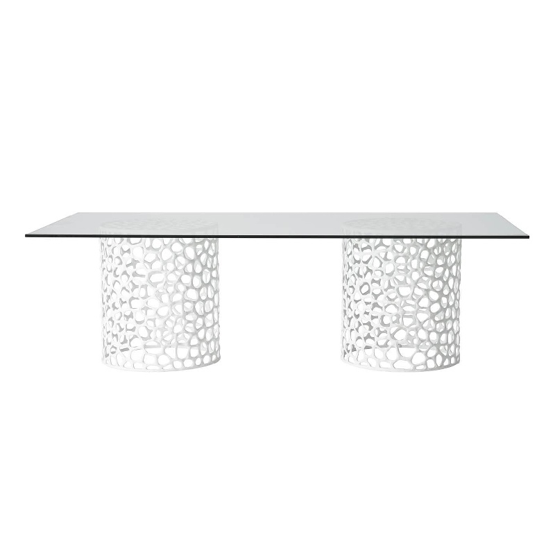 Pemberly Row Coral Glass Top Rectangle Dining Table in Coastal White