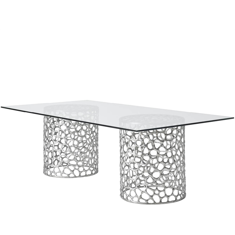 Pemberly Row Coral Glass Top Rectangle Dining Table in Antique Nickel