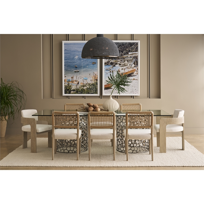 Pemberly Row Coral Glass Top Rectangle Dining Table in Antique Nickel