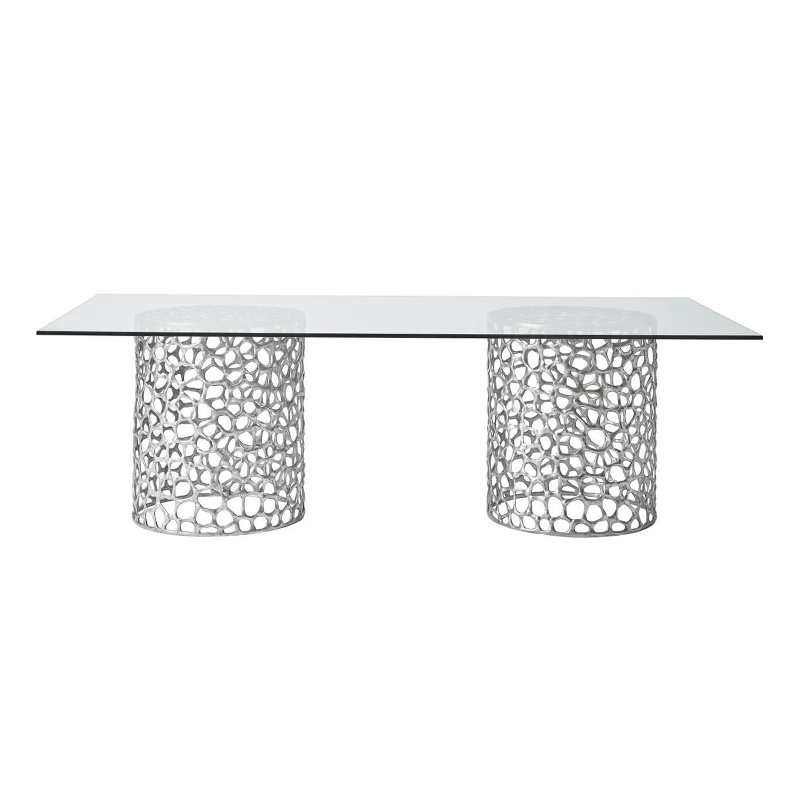 Pemberly Row Coral Glass Top Rectangle Dining Table in Antique Nickel