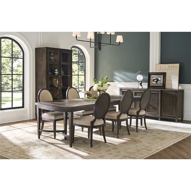 Pemberly Row Radial Veneer Oak Triple Pedestal Dining Table in Cocoa