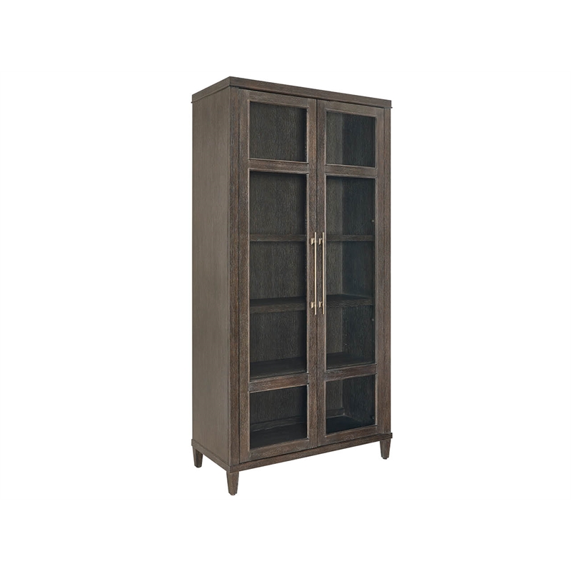 Pemberly Row Glass Door Oak Display Cabinet with LED Lighting in Cocoa