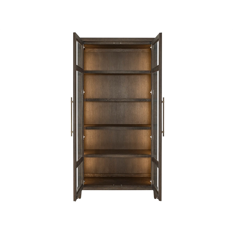 Pemberly Row Glass Door Oak Display Cabinet with LED Lighting in Cocoa