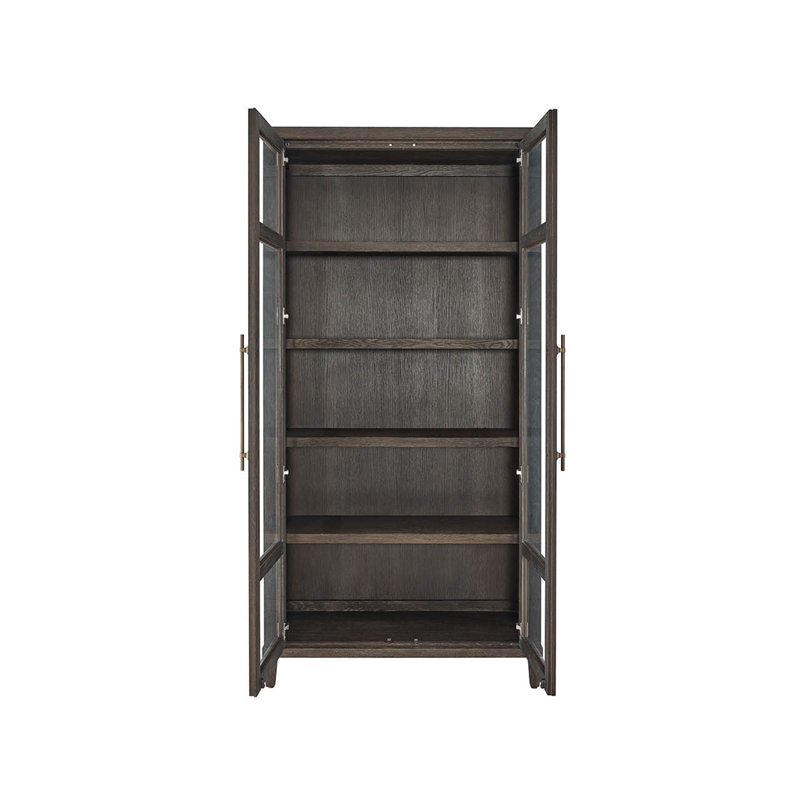 Pemberly Row Glass Door Oak Display Cabinet with LED Lighting in Cocoa