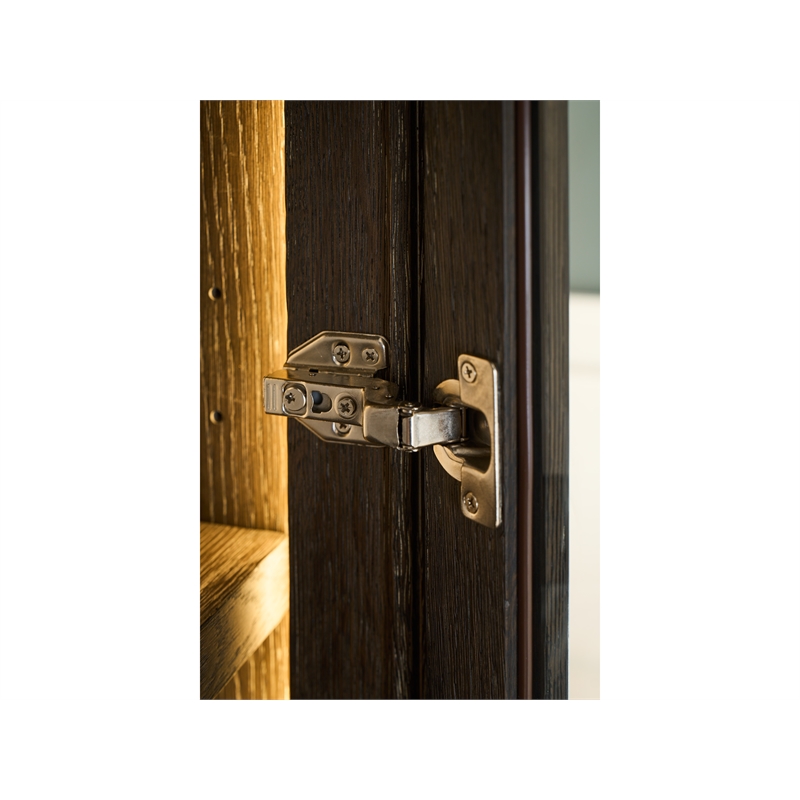 Pemberly Row Glass Door Oak Display Cabinet with LED Lighting in Cocoa