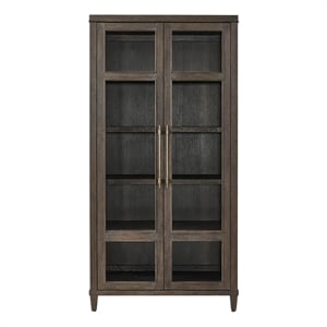 Pemberly Row Glass Door Oak Display Cabinet with LED Lighting in Cocoa