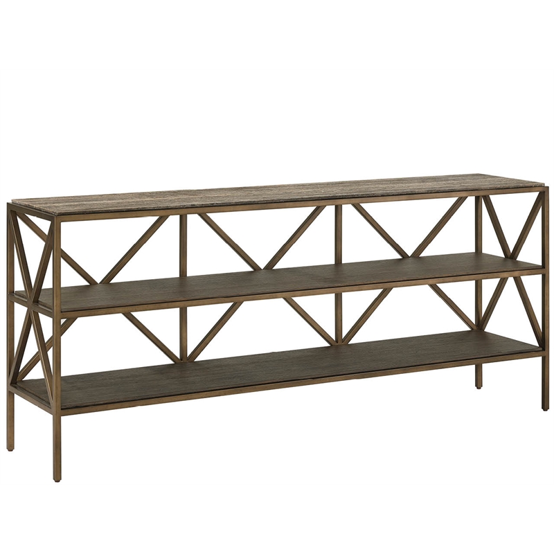 Pemberly Row Travertine and Smoked Gold Console Table in Dark Gray
