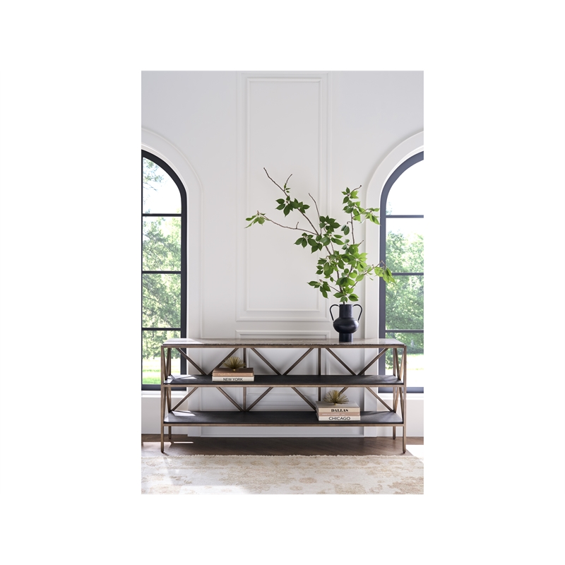 Pemberly Row Travertine and Smoked Gold Console Table in Dark Gray