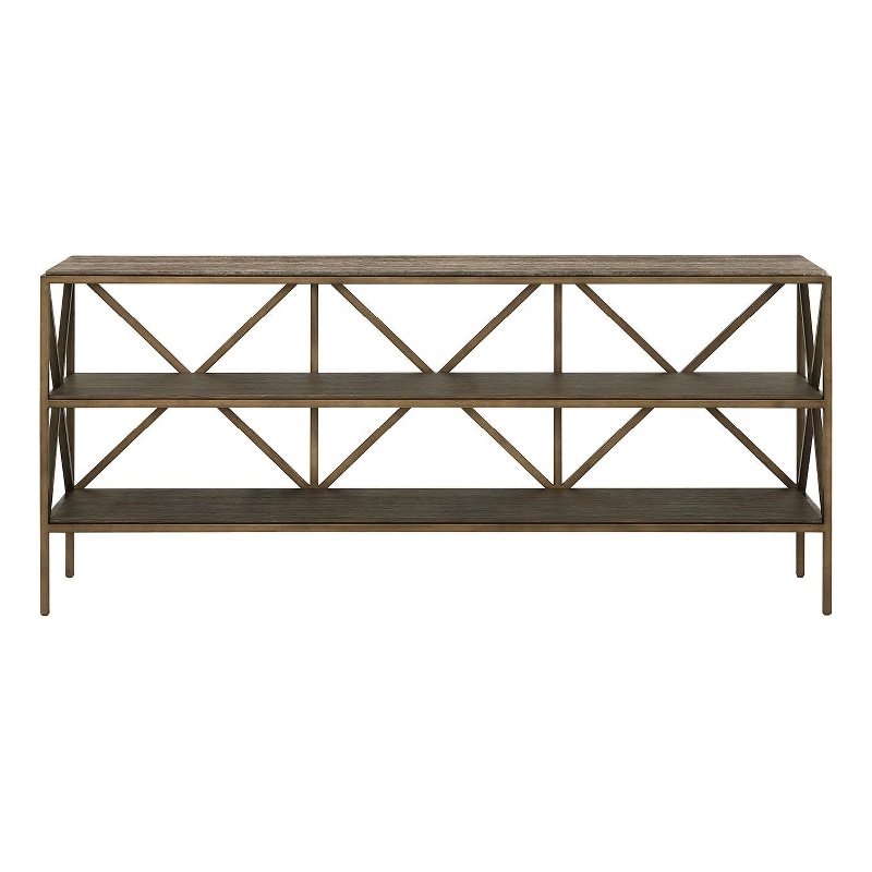 Pemberly Row Travertine and Smoked Gold Console Table in Dark Gray