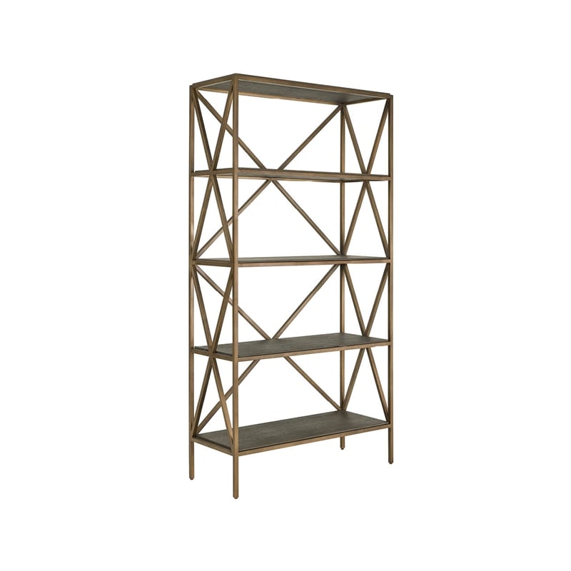 Pemberly Row Smoked Gold Metal and Wood Etagere with Display Shelves in Cocoa