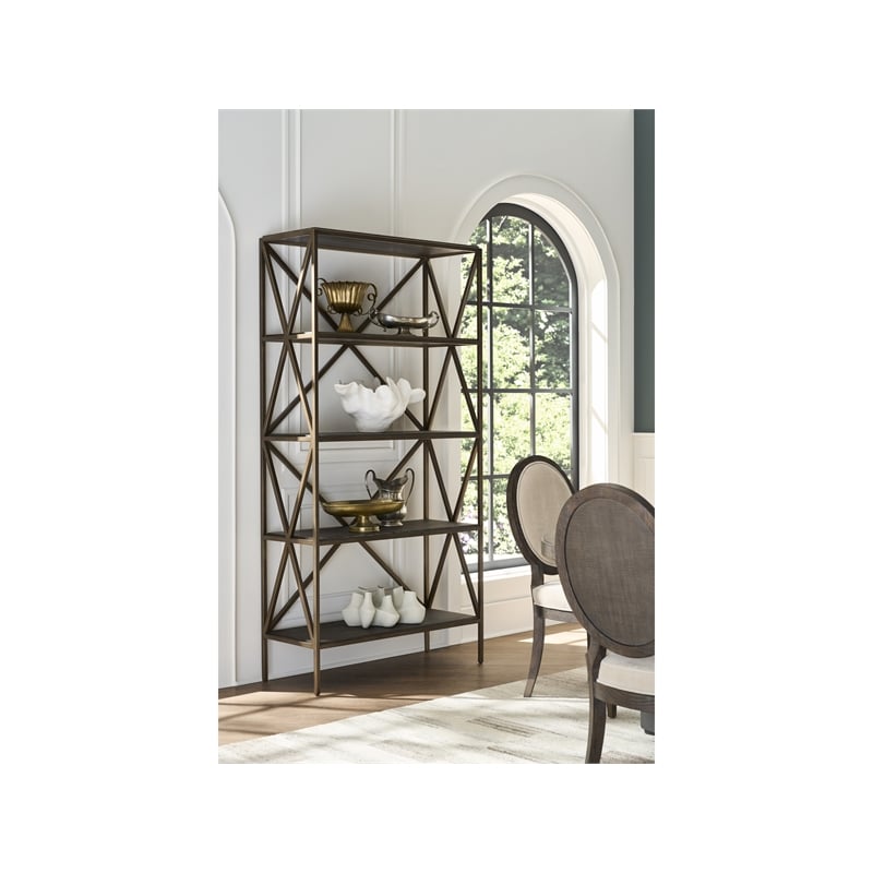 Pemberly Row Smoked Gold Metal and Wood Etagere with Display Shelves in Cocoa