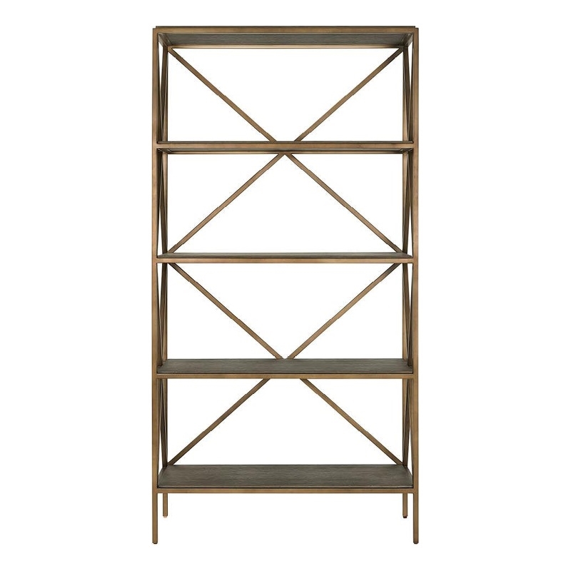 Pemberly Row Smoked Gold Metal and Wood Etagere with Display Shelves in Cocoa
