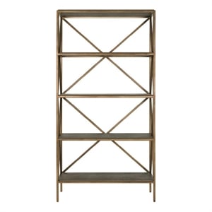 Pemberly Row Smoked Gold Metal and Wood Etagere with Display Shelves in Cocoa