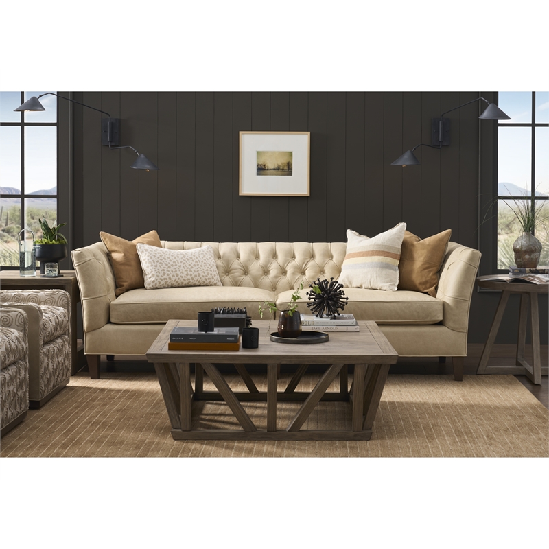 Pemberly Row Duncan Button-Tufted Leather Sofa with Nailhead Trim in Tan