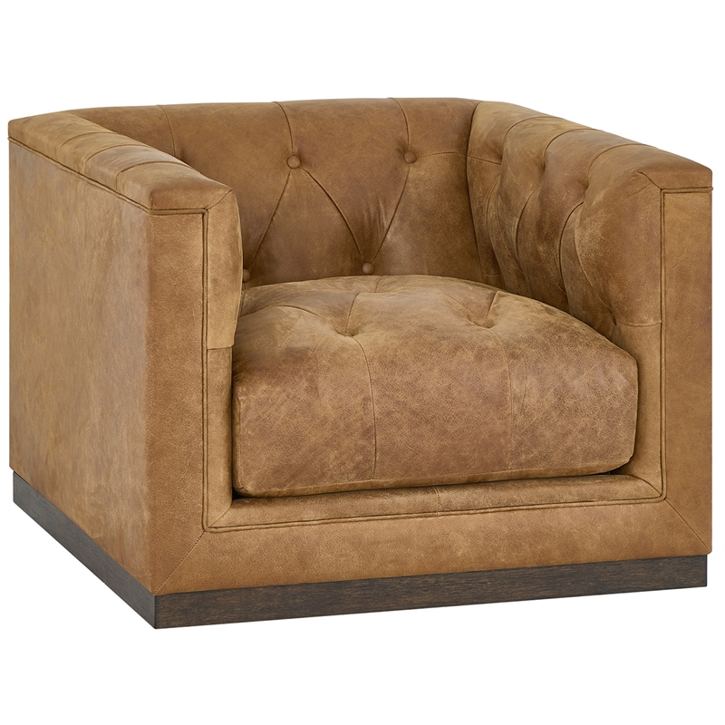 Pemberly Row Button-Tufted Leather Swivel Chair with Sable Legs in Brown
