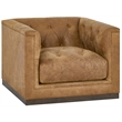 Pemberly Row Button-Tufted Leather Swivel Chair with Sable Legs in Brown