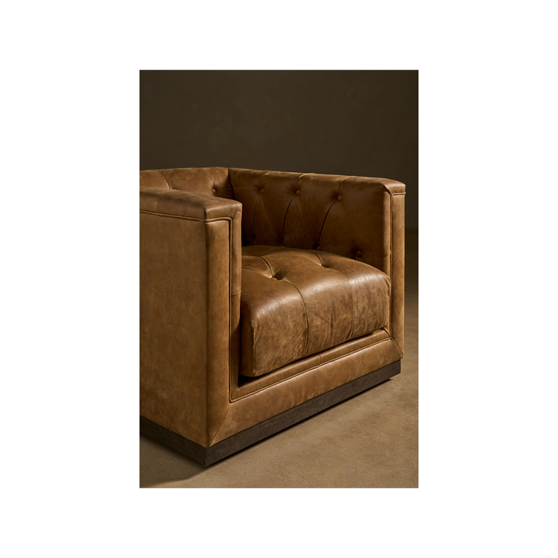 Pemberly Row Button-Tufted Leather Swivel Chair with Sable Legs in Brown