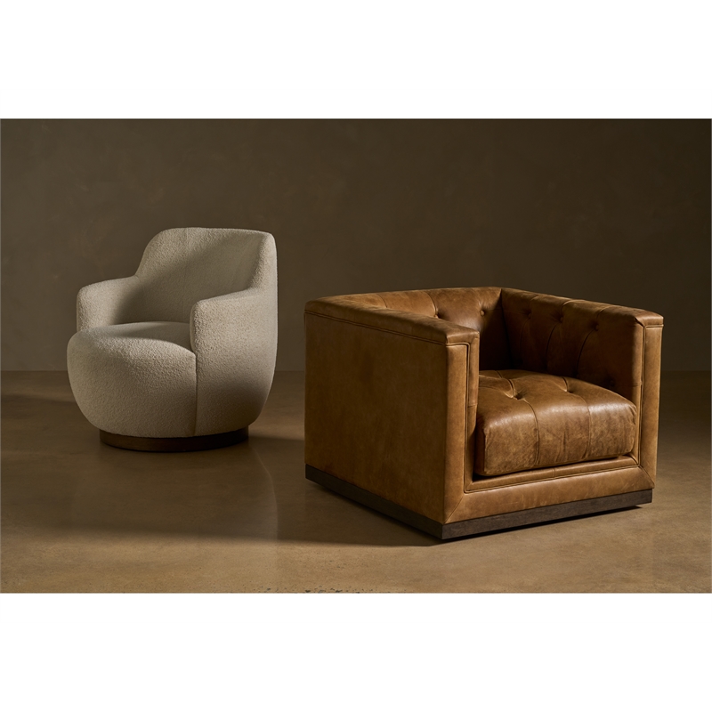 Pemberly Row Button-Tufted Leather Swivel Chair with Sable Legs in Brown