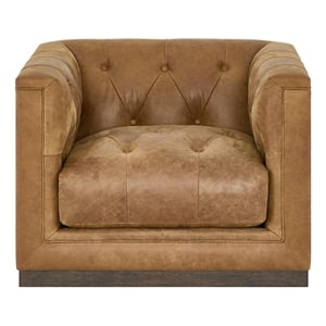 Pemberly Row Button-Tufted Leather Swivel Chair with Sable Legs in Brown