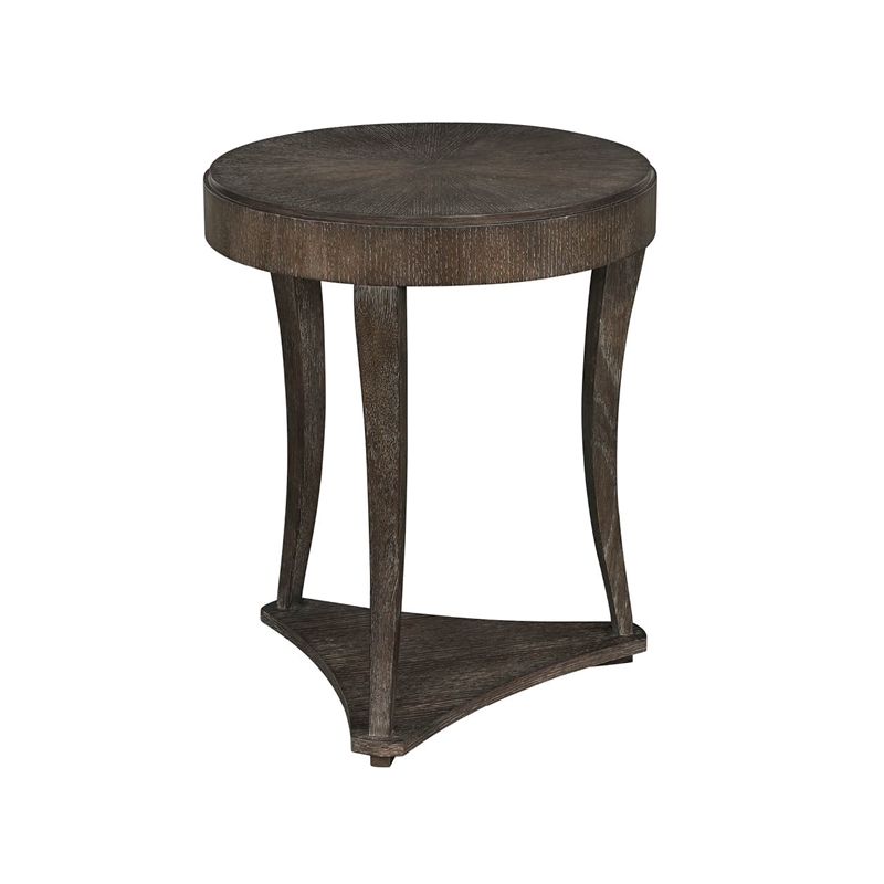 Pemberly Row Round Travertine Top Side Table in Rich Cocoa Oak