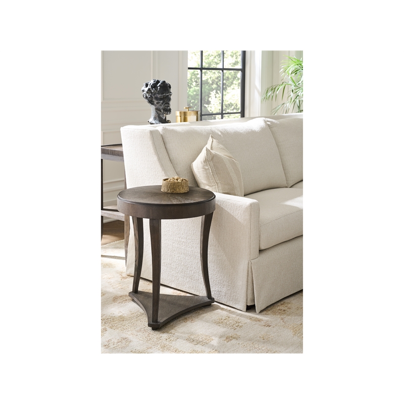 Pemberly Row Round Travertine Top Side Table in Rich Cocoa Oak